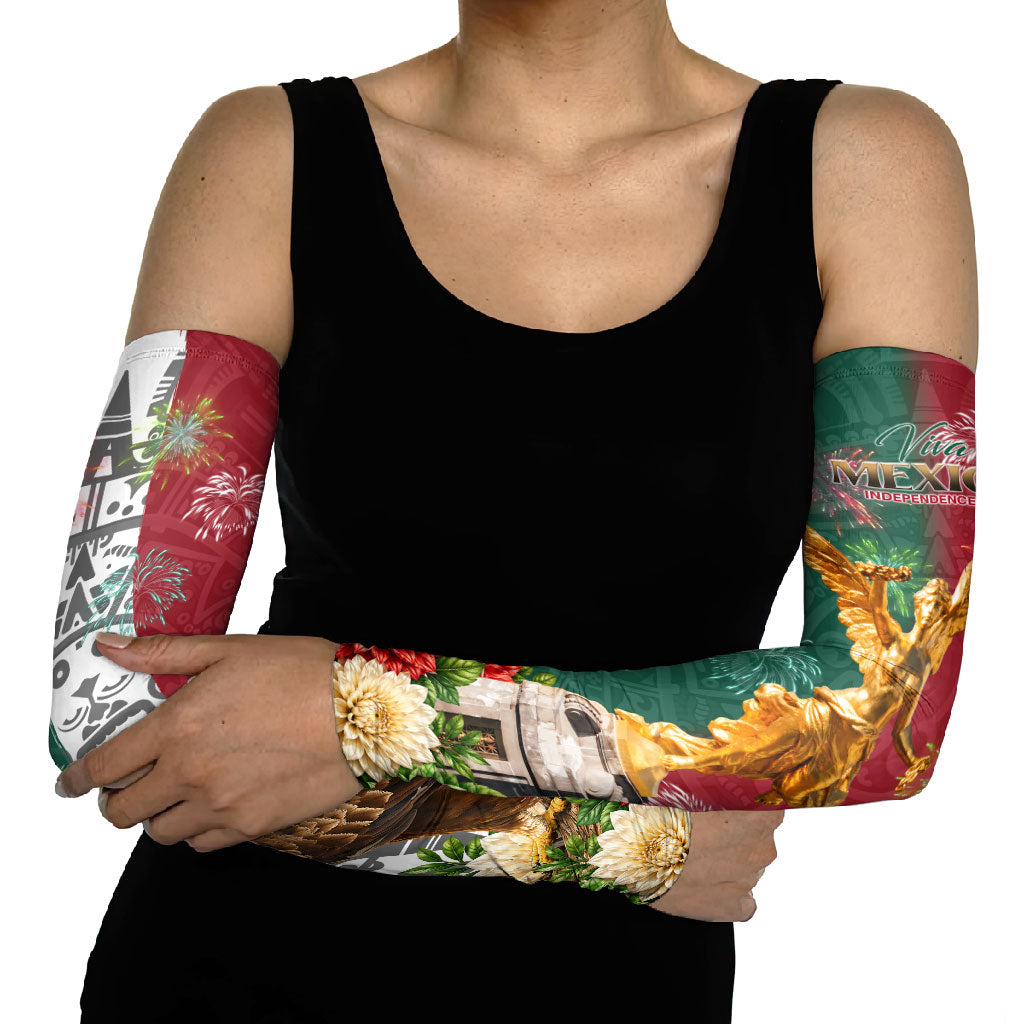 Viva Mexico Independence Day Arm Sleeves Golden Eagle Angel Aztec Pattern