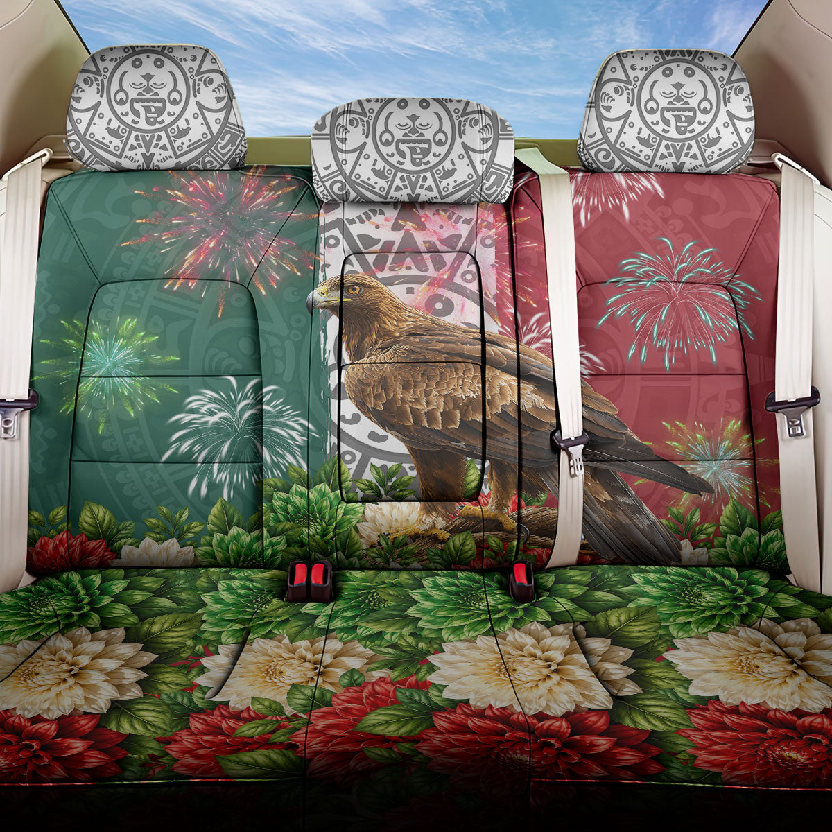 Viva Mexico Independence Day Back Car Seat Cover Golden Eagle Angel Aztec Pattern