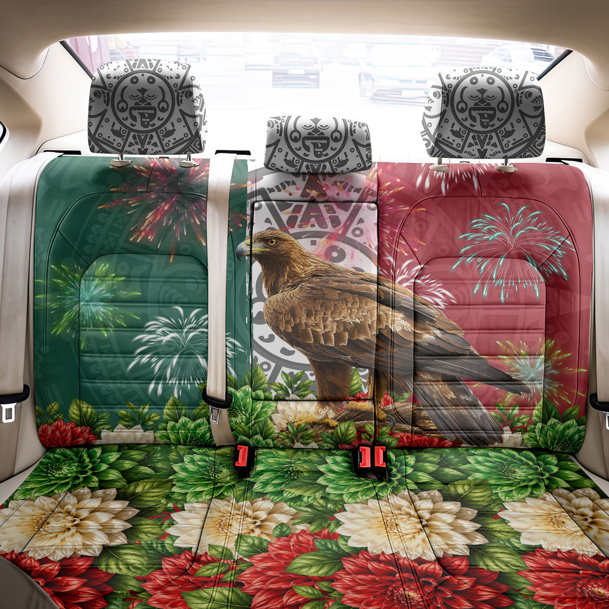Viva Mexico Independence Day Back Car Seat Cover Golden Eagle Angel Aztec Pattern