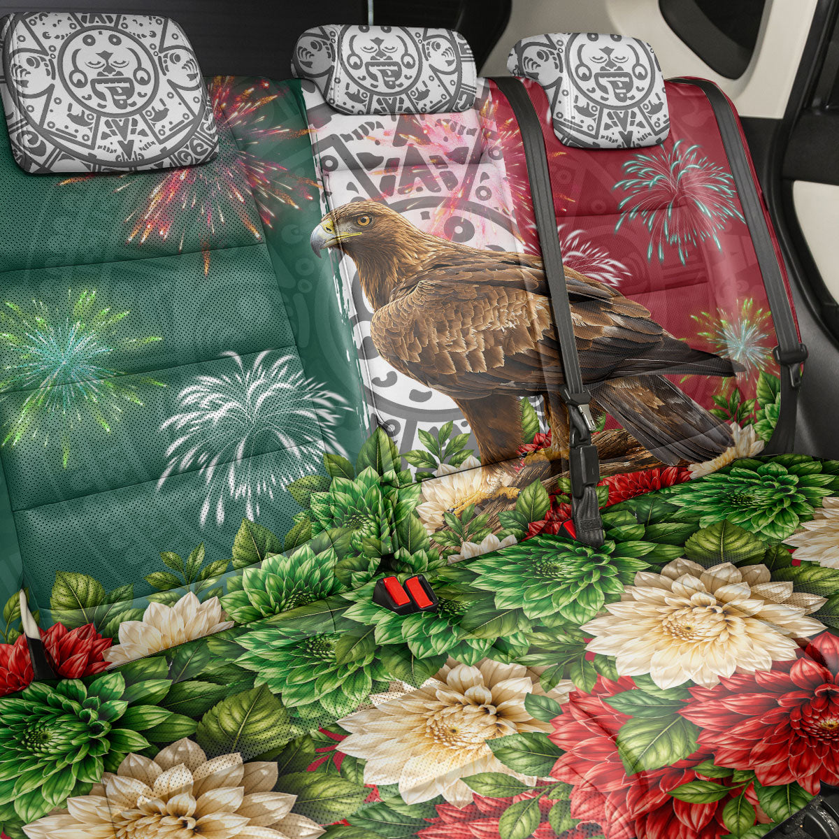 Viva Mexico Independence Day Back Car Seat Cover Golden Eagle Angel Aztec Pattern