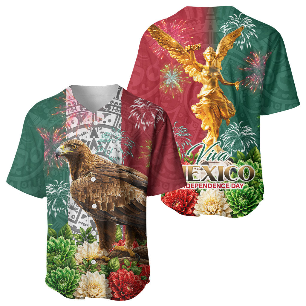 Viva Mexico Independence Day Baseball Jersey Golden Eagle Angel Aztec Pattern