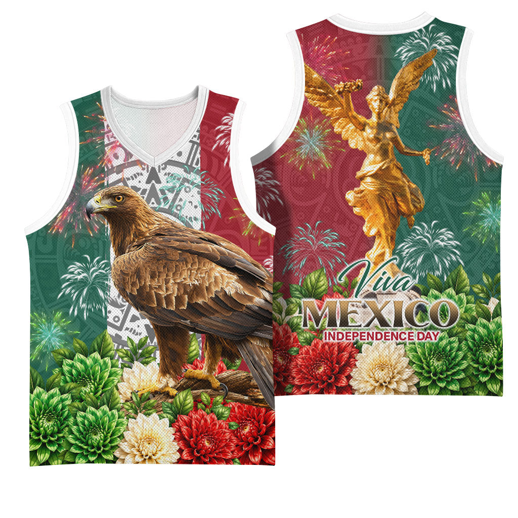 Viva Mexico Independence Day Basketball Jersey Golden Eagle Angel Aztec Pattern
