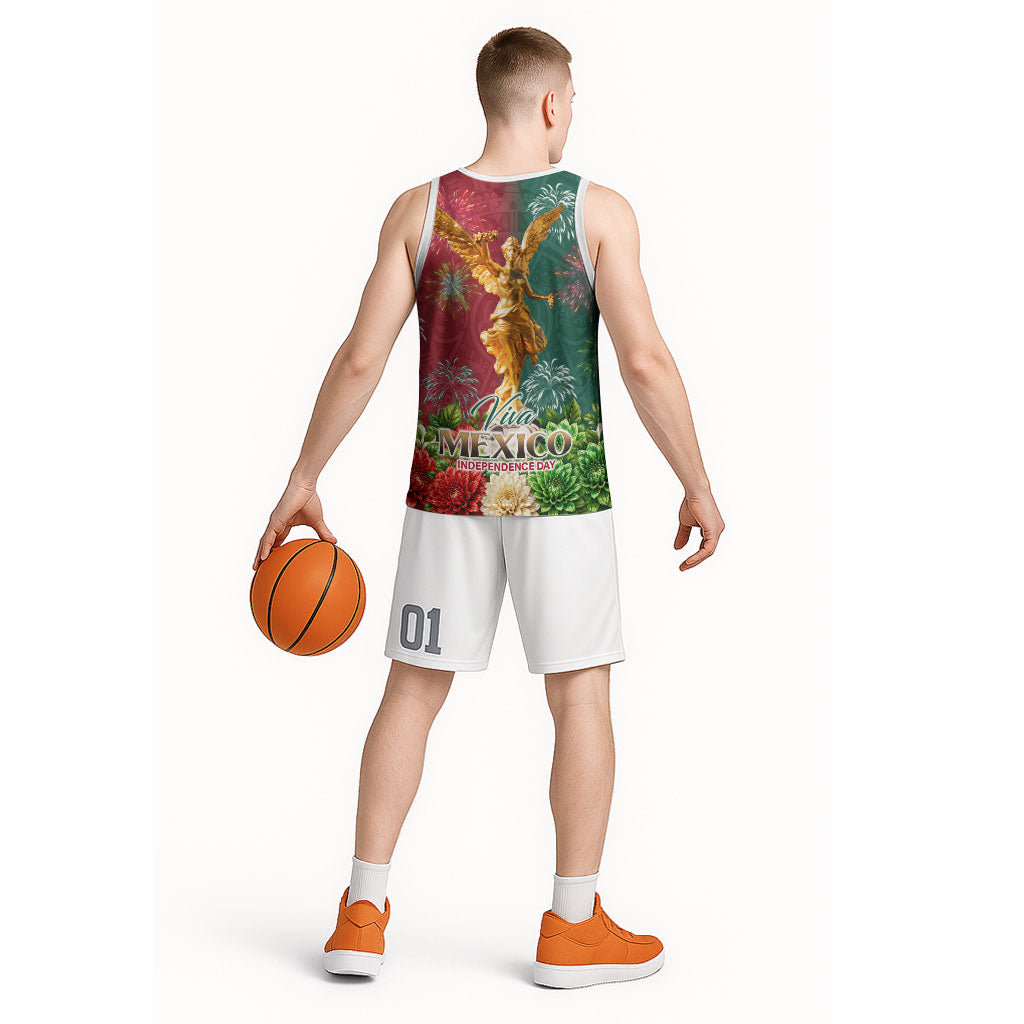 Viva Mexico Independence Day Basketball Jersey Golden Eagle Angel Aztec Pattern