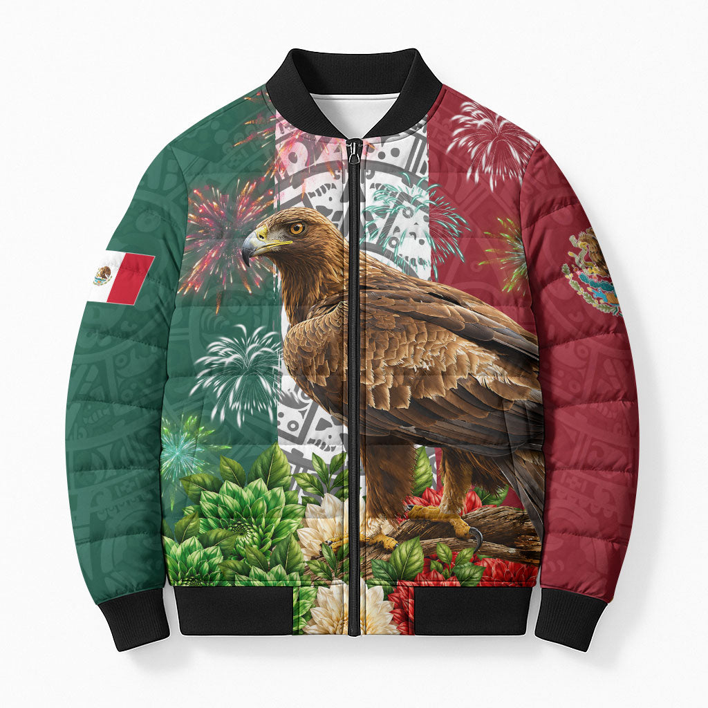 Viva Mexico Independence Day Bomber Puffer Jacket Golden Eagle Angel Aztec Pattern