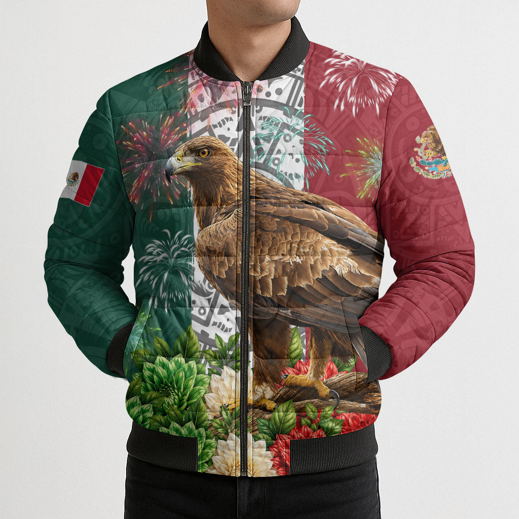 Viva Mexico Independence Day Bomber Puffer Jacket Golden Eagle Angel Aztec Pattern