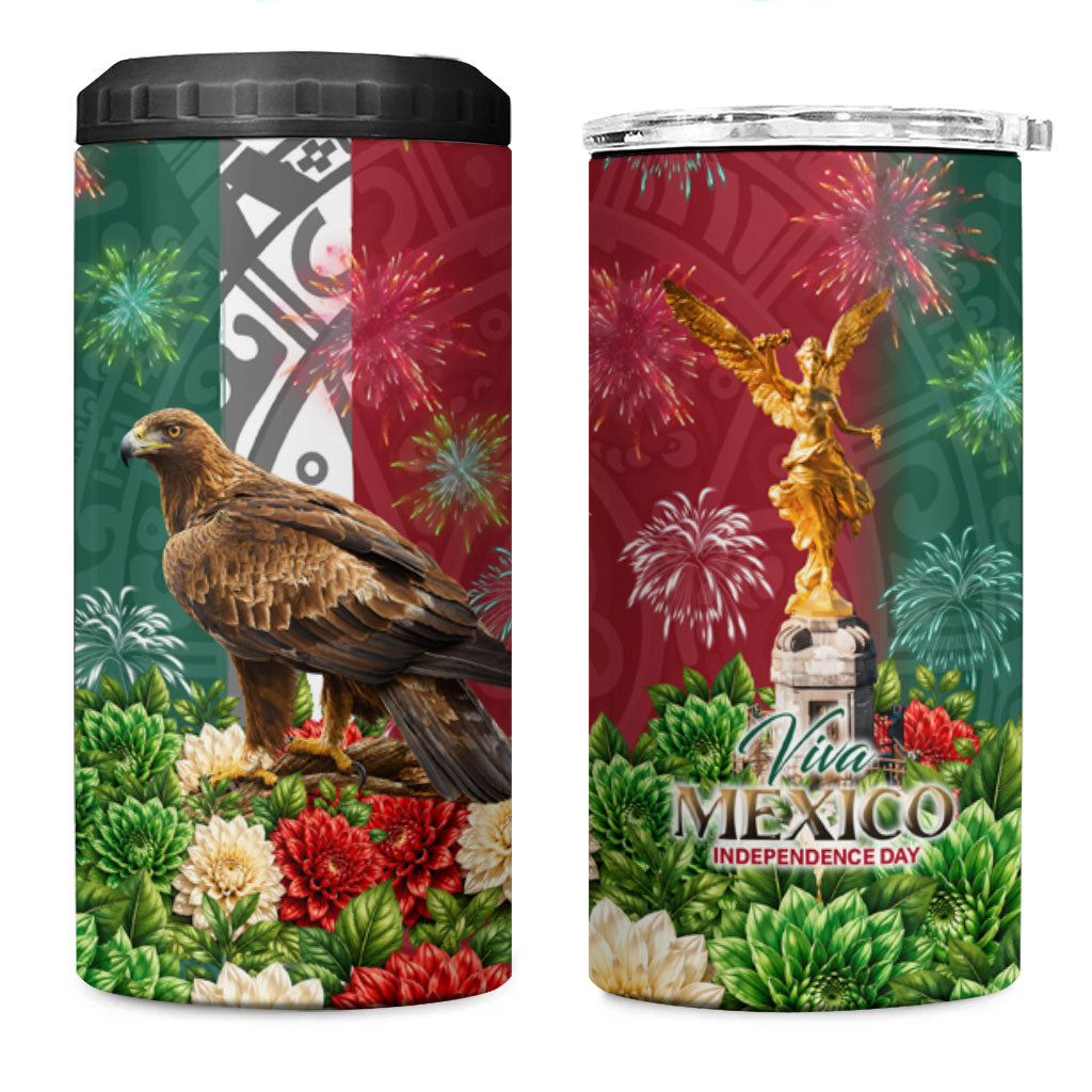 Viva Mexico Independence Day 4 in 1 Can Cooler Tumbler Golden Eagle Angel Aztec Pattern