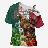 Viva Mexico Independence Day Cross Shoulder Shirt Golden Eagle Angel Aztec Pattern