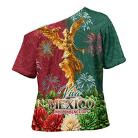 Viva Mexico Independence Day Cross Shoulder Shirt Golden Eagle Angel Aztec Pattern