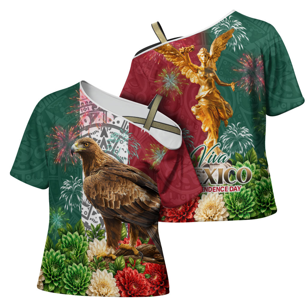 Viva Mexico Independence Day Cross Shoulder Shirt Golden Eagle Angel Aztec Pattern