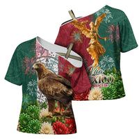 Viva Mexico Independence Day Cross Shoulder Shirt Golden Eagle Angel Aztec Pattern