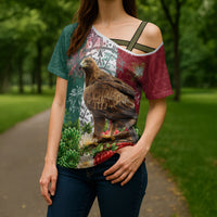 Viva Mexico Independence Day Cross Shoulder Shirt Golden Eagle Angel Aztec Pattern