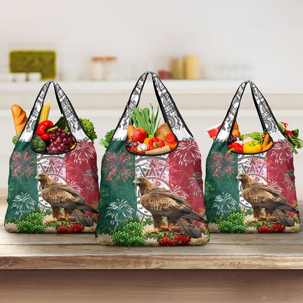 Viva Mexico Independence Day Grocery Bag Golden Eagle Angel Aztec Pattern