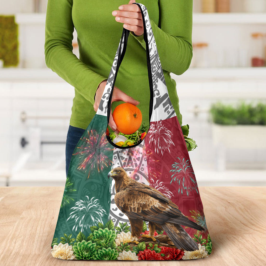 Viva Mexico Independence Day Grocery Bag Golden Eagle Angel Aztec Pattern