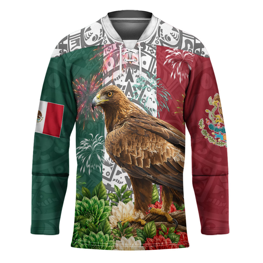 Viva Mexico Independence Day Hockey Jersey Golden Eagle Angel Aztec Pattern