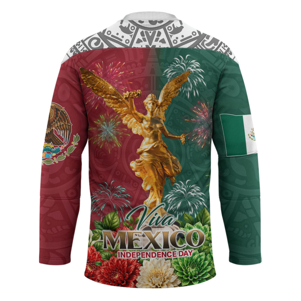 Viva Mexico Independence Day Hockey Jersey Golden Eagle Angel Aztec Pattern