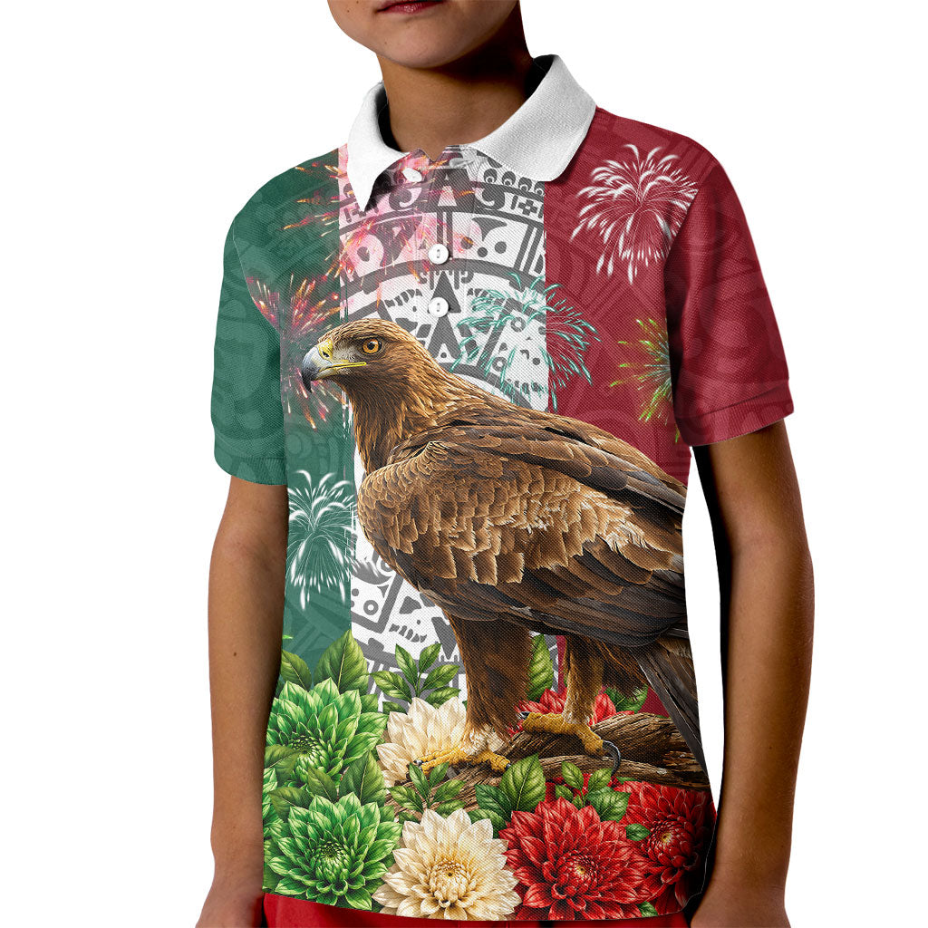 Viva Mexico Independence Day Kid Polo Shirt Golden Eagle Angel Aztec Pattern