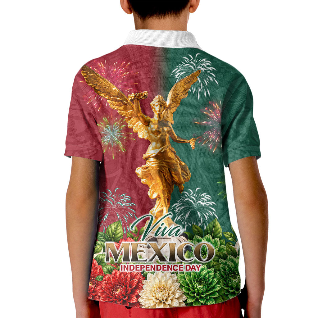 Viva Mexico Independence Day Kid Polo Shirt Golden Eagle Angel Aztec Pattern