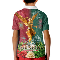 Viva Mexico Independence Day Kid Polo Shirt Golden Eagle Angel Aztec Pattern