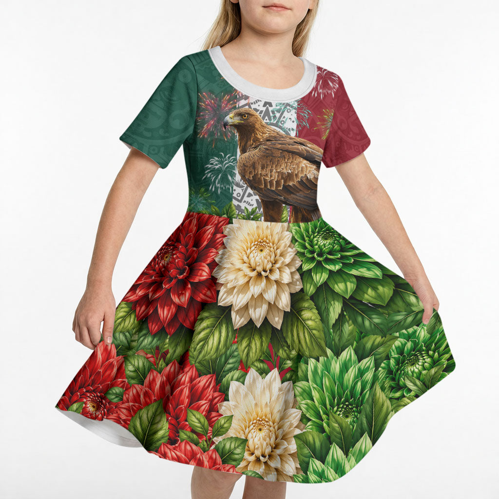 Viva Mexico Independence Day Kid Short Sleeve Dress Golden Eagle Angel Aztec Pattern