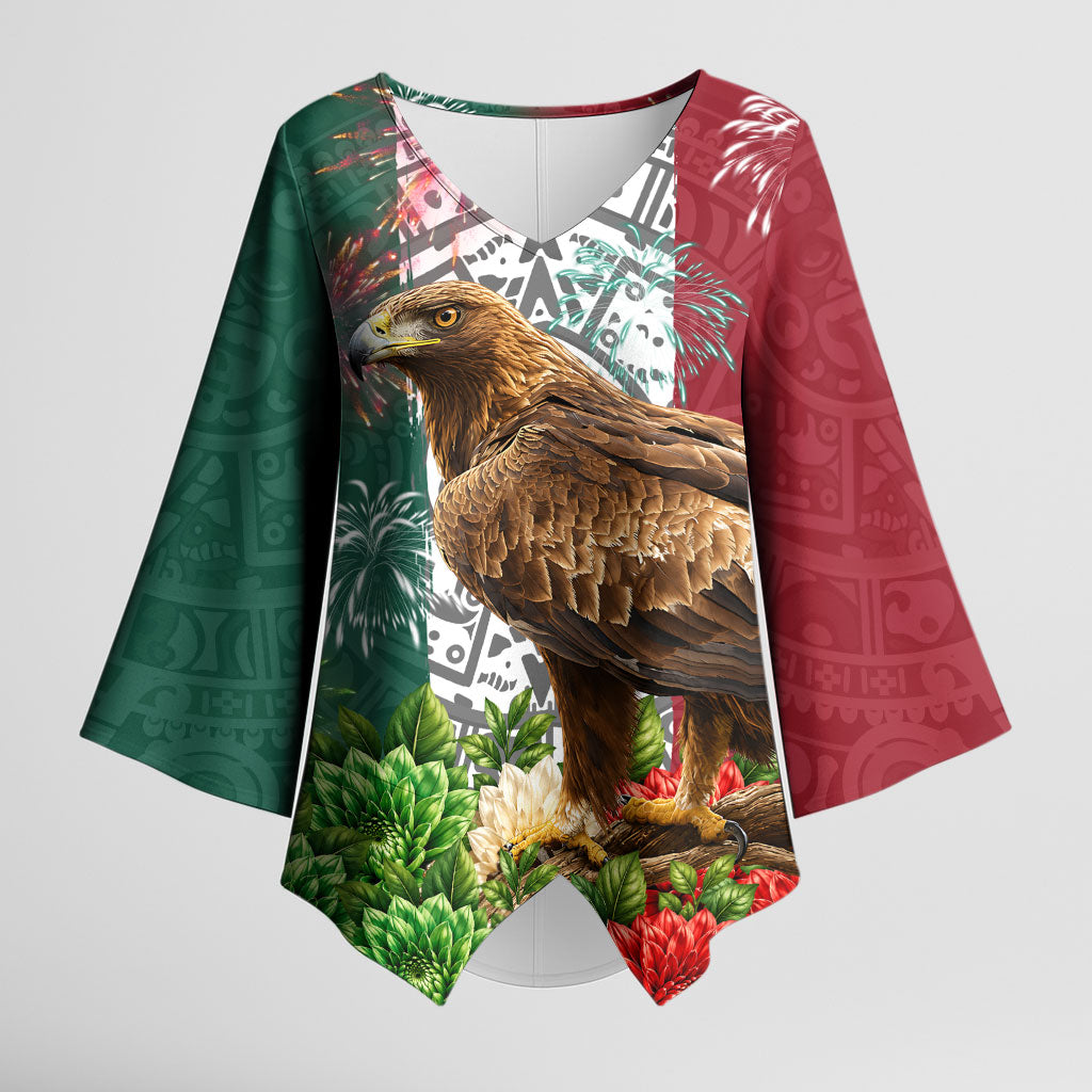 Viva Mexico Independence Day Kimono Sleeve Blouse Golden Eagle Angel Aztec Pattern