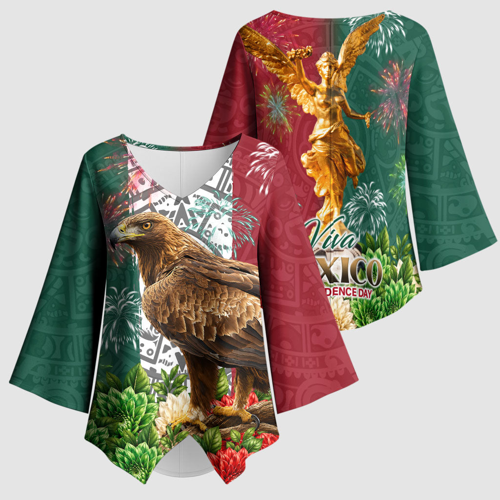 Viva Mexico Independence Day Kimono Sleeve Blouse Golden Eagle Angel Aztec Pattern