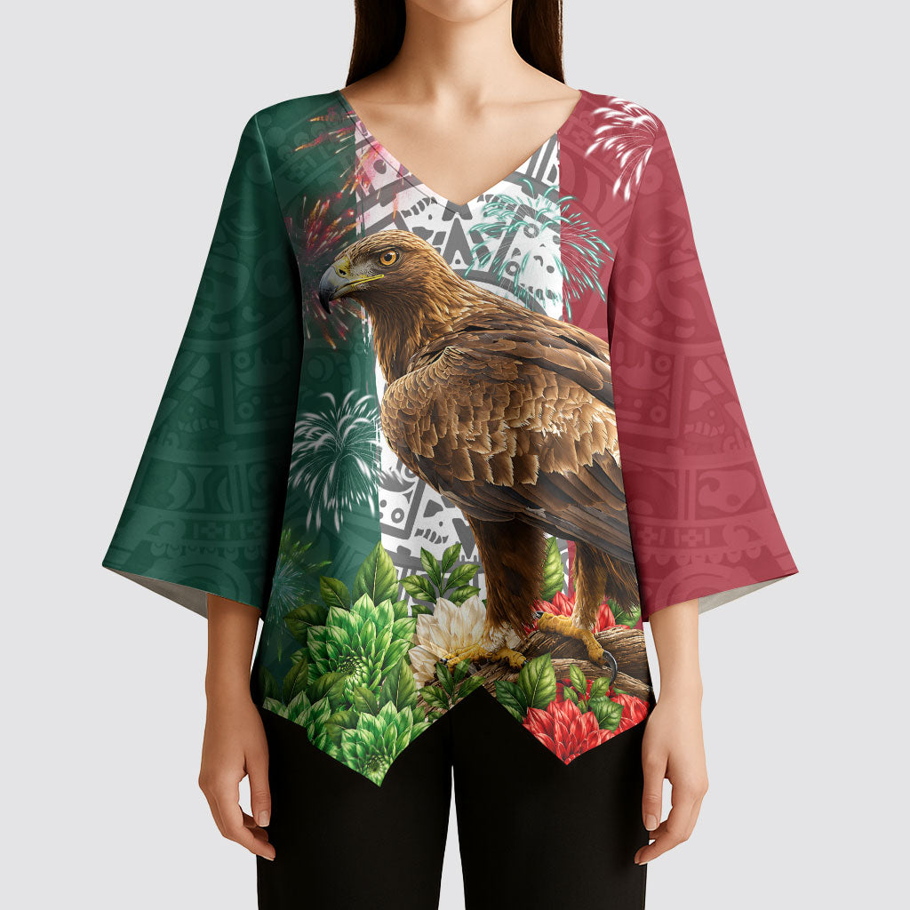 Viva Mexico Independence Day Kimono Sleeve Blouse Golden Eagle Angel Aztec Pattern