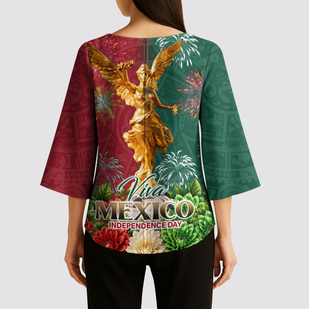 Viva Mexico Independence Day Kimono Sleeve Blouse Golden Eagle Angel Aztec Pattern