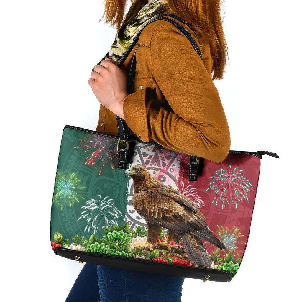 Viva Mexico Independence Day Leather Tote Bag Golden Eagle Angel Aztec Pattern
