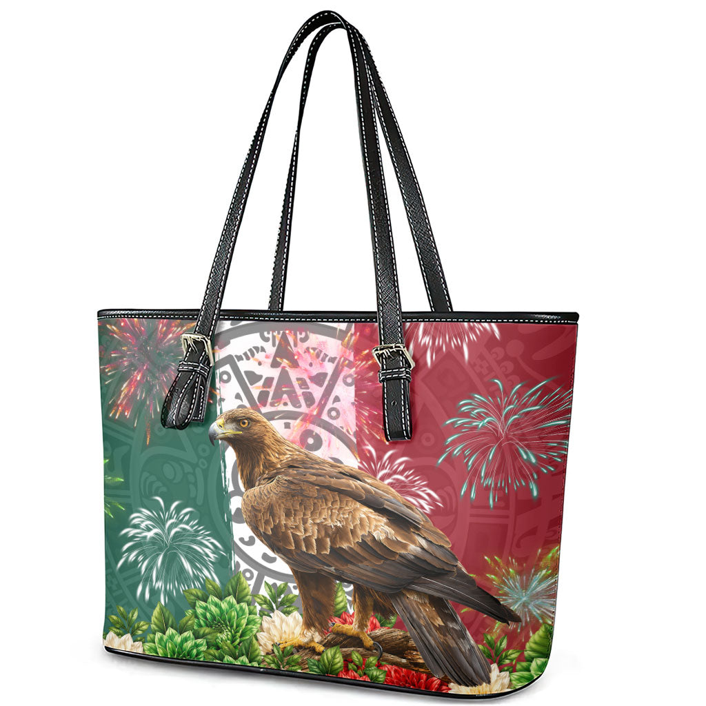 Viva Mexico Independence Day Leather Tote Bag Golden Eagle Angel Aztec Pattern