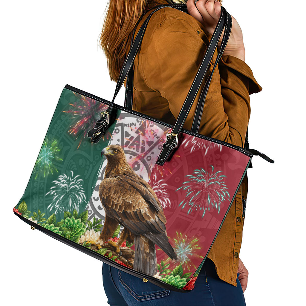 Viva Mexico Independence Day Leather Tote Bag Golden Eagle Angel Aztec Pattern
