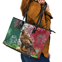 Viva Mexico Independence Day Leather Tote Bag Golden Eagle Angel Aztec Pattern