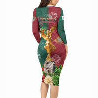 Viva Mexico Independence Day Long Sleeve Bodycon Dress Golden Eagle Angel Aztec Pattern