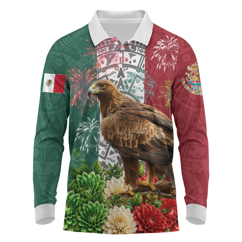 Viva Mexico Independence Day Long Sleeve Polo Shirt Golden Eagle Angel Aztec Pattern