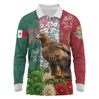 Viva Mexico Independence Day Long Sleeve Polo Shirt Golden Eagle Angel Aztec Pattern