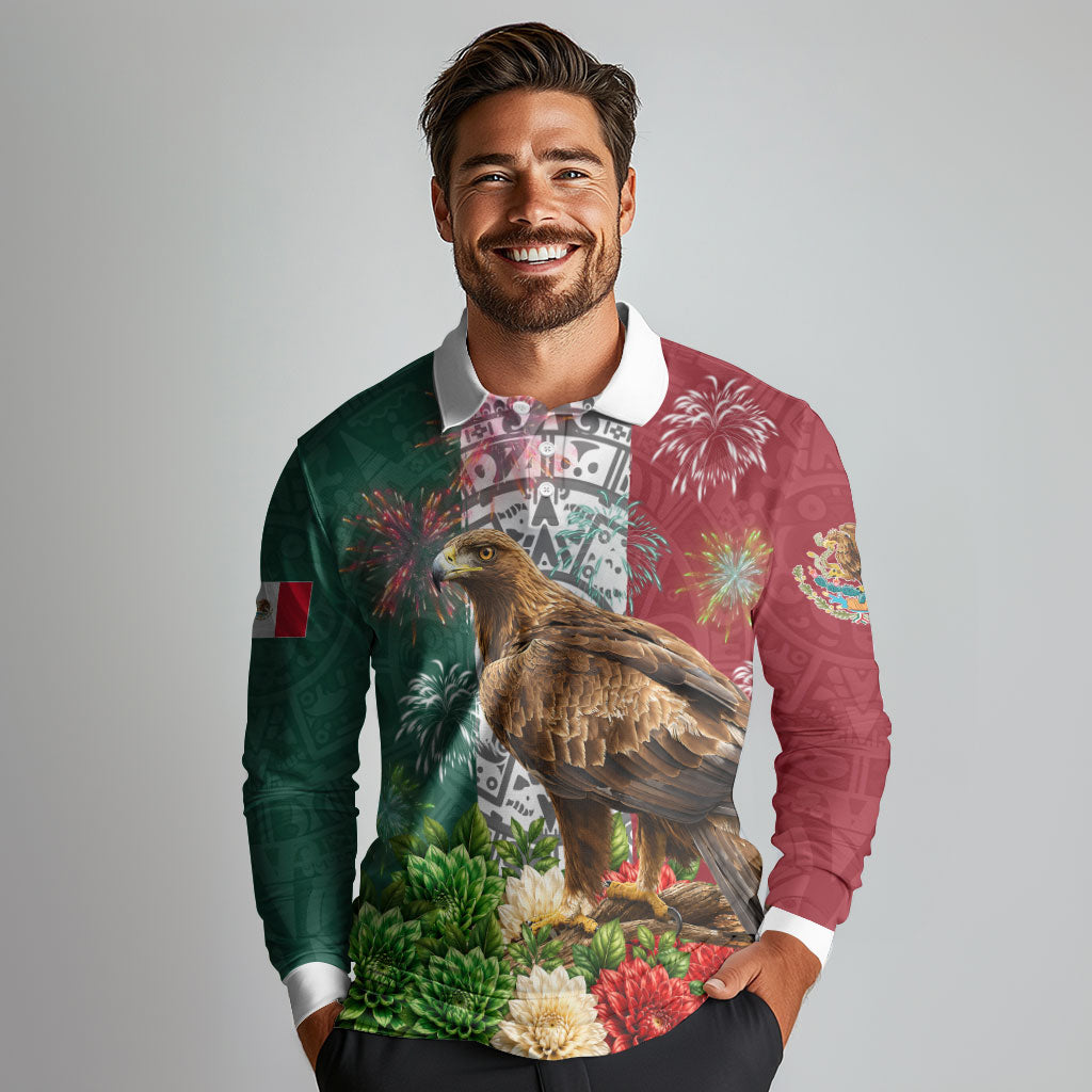Viva Mexico Independence Day Long Sleeve Polo Shirt Golden Eagle Angel Aztec Pattern