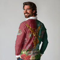 Viva Mexico Independence Day Long Sleeve Polo Shirt Golden Eagle Angel Aztec Pattern