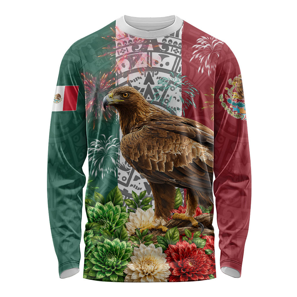 Viva Mexico Independence Day Long Sleeve Shirt Golden Eagle Angel Aztec Pattern