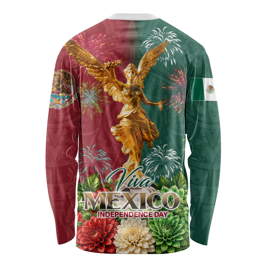 Viva Mexico Independence Day Long Sleeve Shirt Golden Eagle Angel Aztec Pattern
