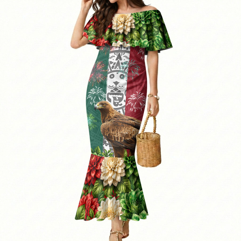 Viva Mexico Independence Day Mermaid Dress Golden Eagle Angel Aztec Pattern