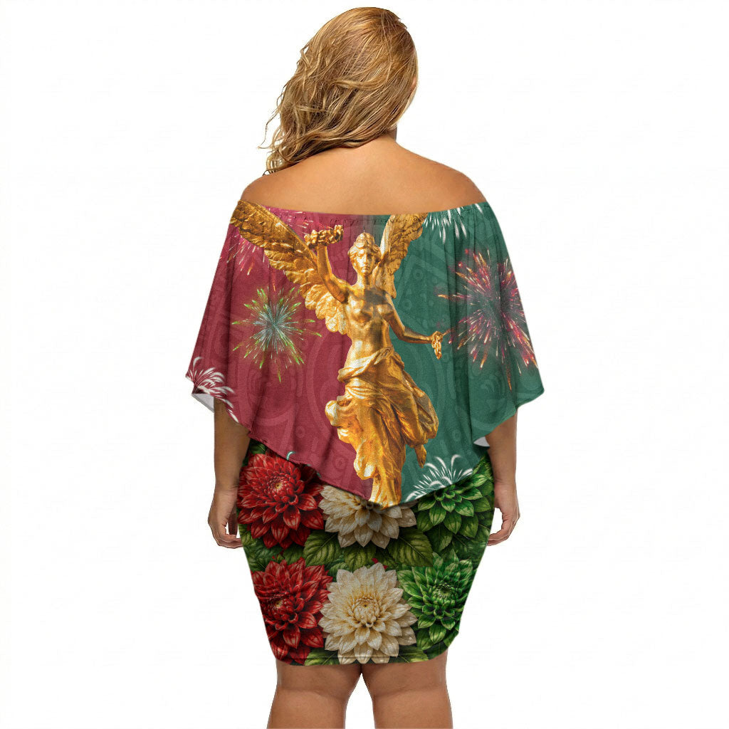 Viva Mexico Independence Day Off Shoulder Short Dress Golden Eagle Angel Aztec Pattern