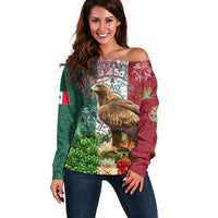 Viva Mexico Independence Day Off Shoulder Sweater Golden Eagle Angel Aztec Pattern