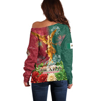 Viva Mexico Independence Day Off Shoulder Sweater Golden Eagle Angel Aztec Pattern