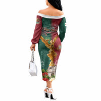 Viva Mexico Independence Day Off The Shoulder Long Sleeve Dress Golden Eagle Angel Aztec Pattern