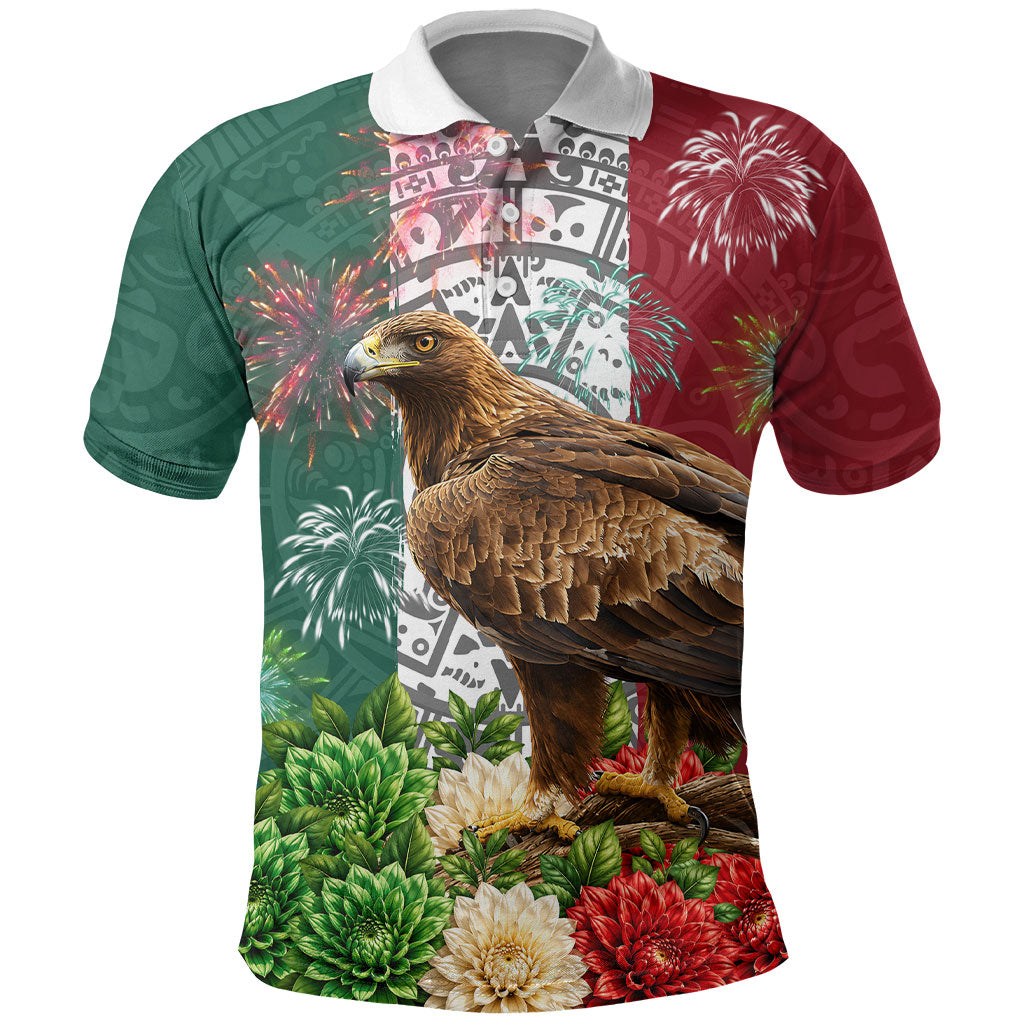 Viva Mexico Independence Day Polo Shirt Golden Eagle Angel Aztec Pattern