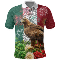 Viva Mexico Independence Day Polo Shirt Golden Eagle Angel Aztec Pattern