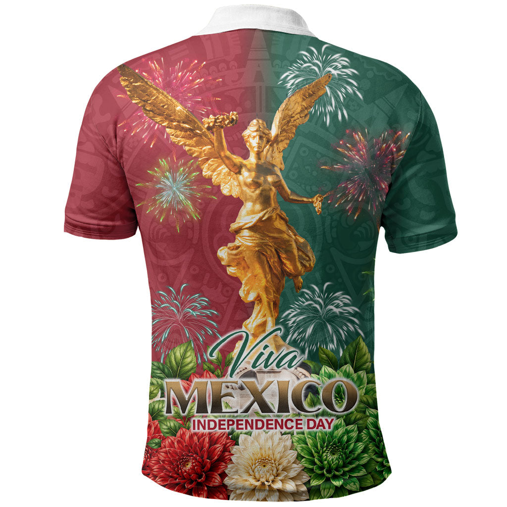 Viva Mexico Independence Day Polo Shirt Golden Eagle Angel Aztec Pattern