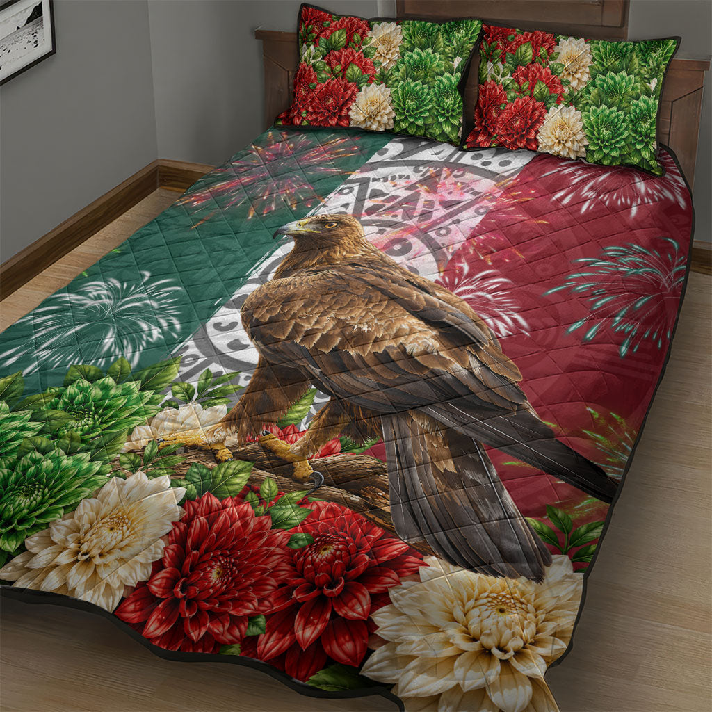 Viva Mexico Independence Day Quilt Bed Set Golden Eagle Angel Aztec Pattern