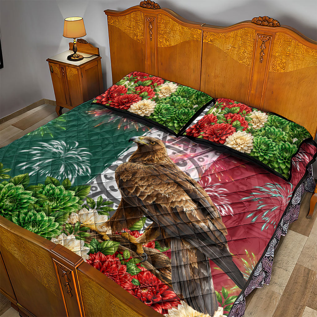 Viva Mexico Independence Day Quilt Bed Set Golden Eagle Angel Aztec Pattern