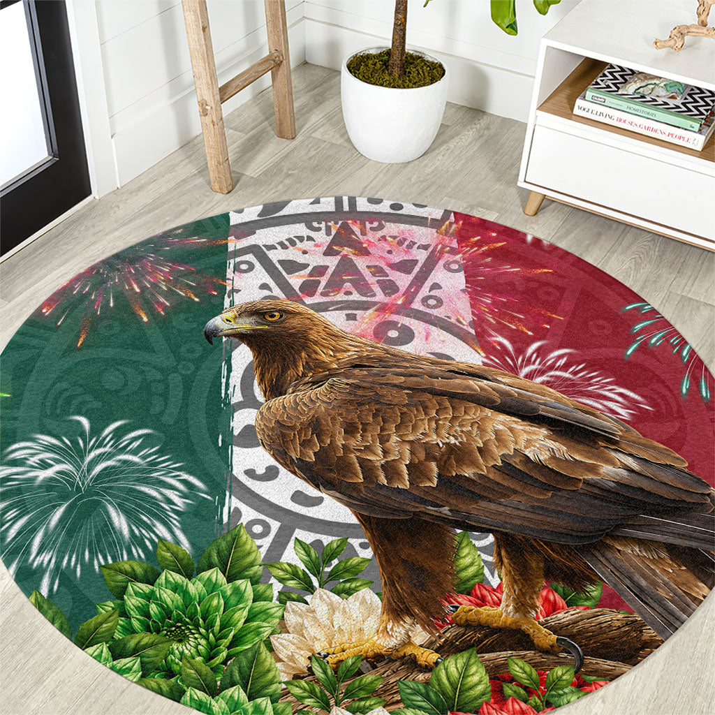 Viva Mexico Independence Day Round Carpet Golden Eagle Angel Aztec Pattern