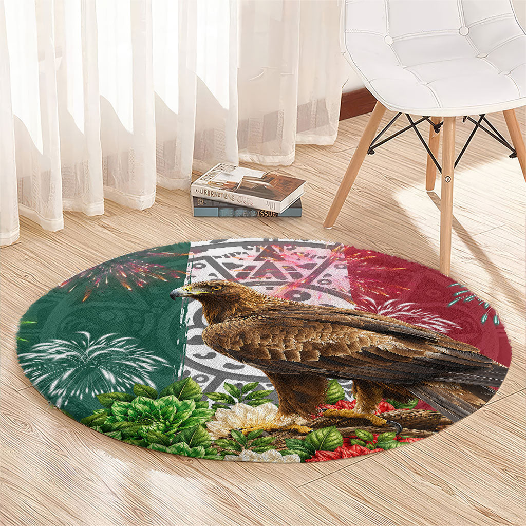 Viva Mexico Independence Day Round Carpet Golden Eagle Angel Aztec Pattern